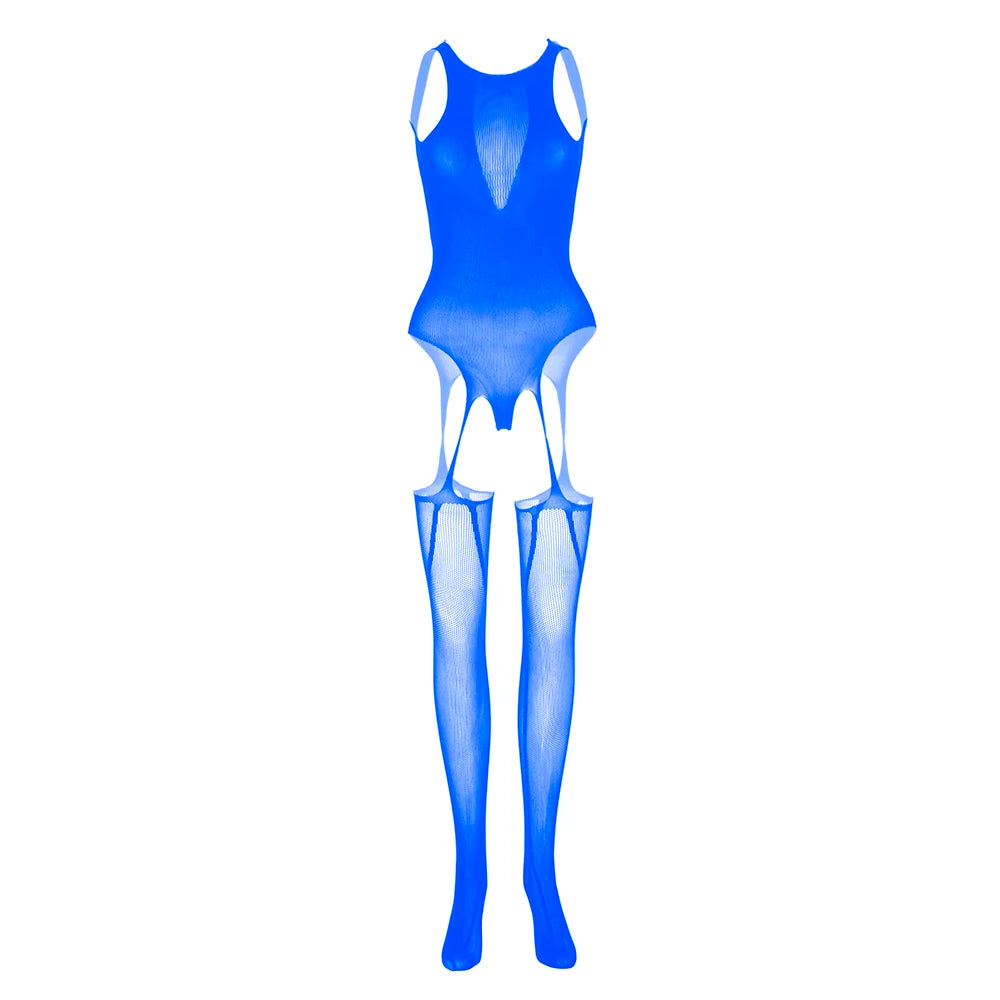 Lady's Fishnet Bodystocking Carter Belt Attached  Pantyhose Beachwear Crotch Open Sexy Erotic Lingerie Women