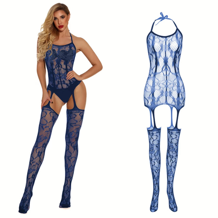 2024 Femme Lingerie One Piece Black Cutout Jacquard Stockings Full Body Erotic Lingerie Crotchless Bodysuit Nylon Sexy