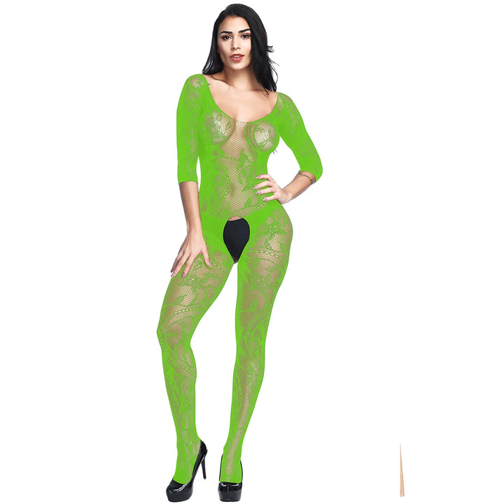 Vintage Full Body Erotic Lingerie Dancewear Femme Sexy Crotchless Bodysuit Black Lace Cutout Transparent Bodystocking