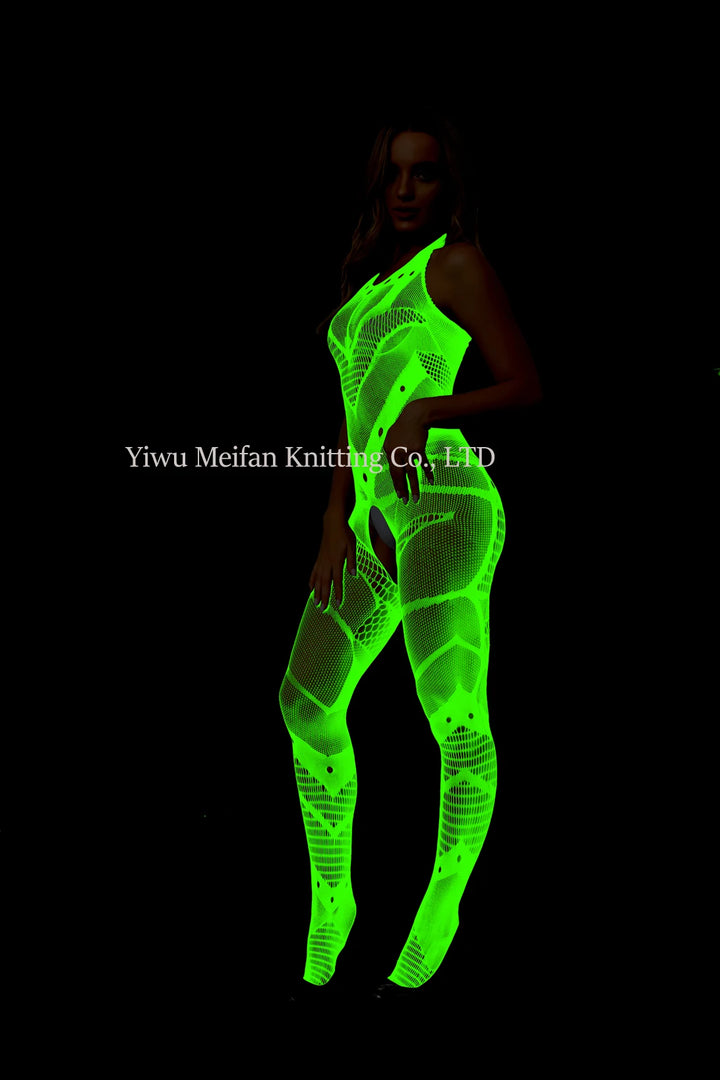 Sexy Nightwear Dress Glow in the Dark Fishnet Stockings Hollow Luminous Glowing High Waist White Fishnet Glowing Party