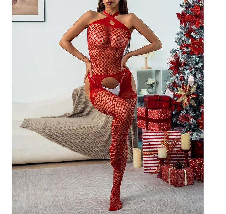 Hot Sale Sexy Women Carnival Red Stockings Full Plus Big Fishnet Bodysuit Open Crotch Nightwear Bodystocking W291