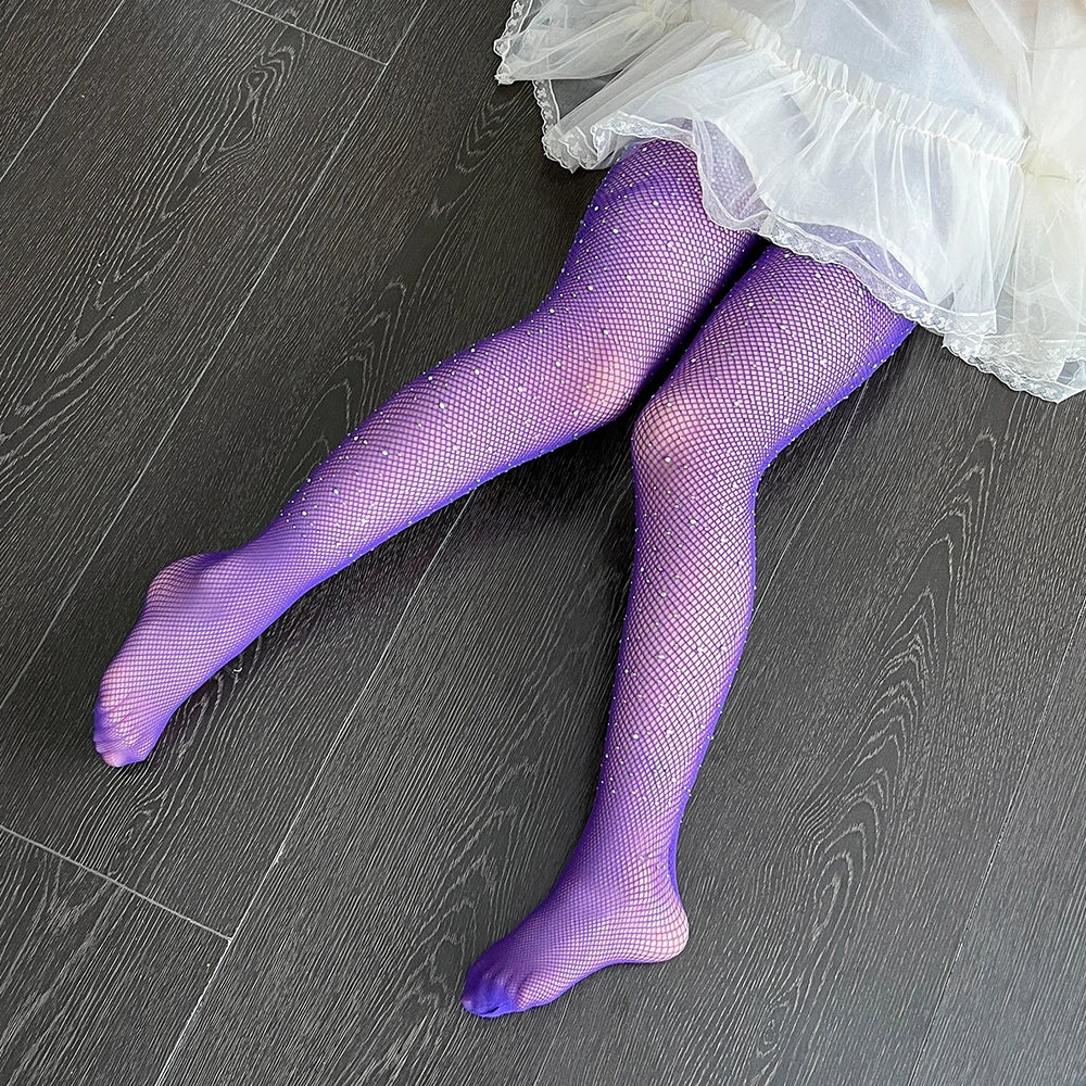 Children Rhinestone Fishnets Pantyhose White Diamond Sparkle Stockings Baby Costumes Cotton Crotch Fishnets Socks