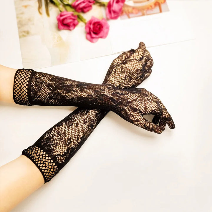 Floral Long Fishnet Mesh Glove Arm Sleeve Theme Party Costume for Women Wedding Bridal Glove Sexy Gantlet Mitten