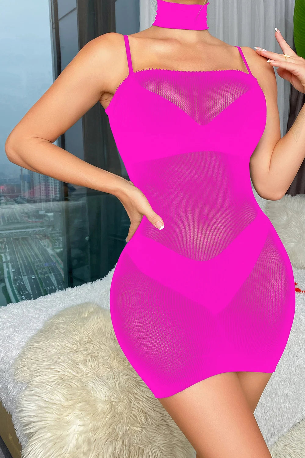 Valentine's Day Sexy Fishnet Lingerie Dress with Neckline Rhinestone Lingerie Femme Sexy Bodystocking Exotic Dancewear