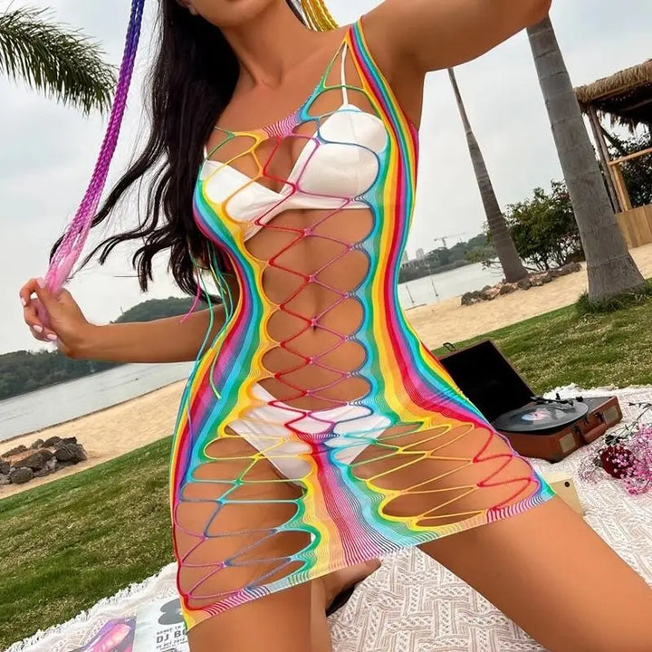 Lingerie Manufacturer  Rainbow Fishnet Women's Underwear Wholesale Bodysuits Exotic Costumes Bodystocking Transparent