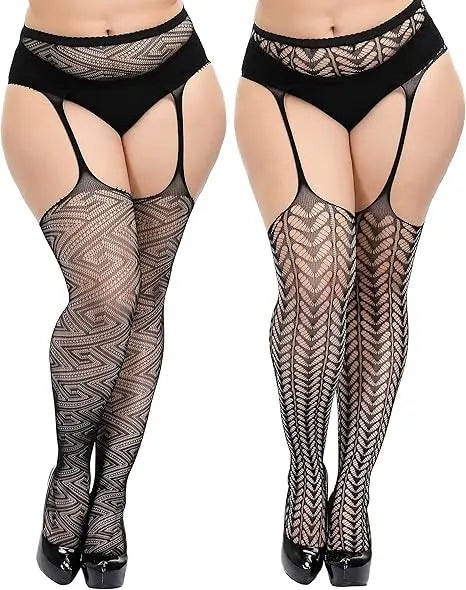 2025 Plus Size XXL High Quality Thigh High Fishnet Stockings Suspender Patterned Tights Women Fish Net Lace Top Pantyhose