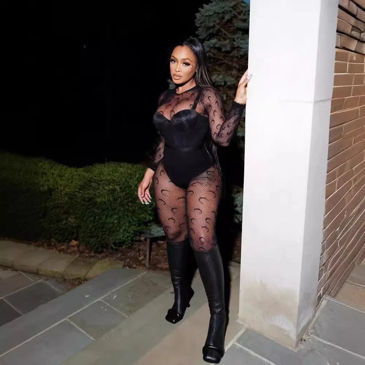 Hollow Out Women's Clothing Sexy Lingerie Mesh Sheer Full Moon Bodysuit 2025 Sexy Backless Body Stocking Sexy Plus Size
