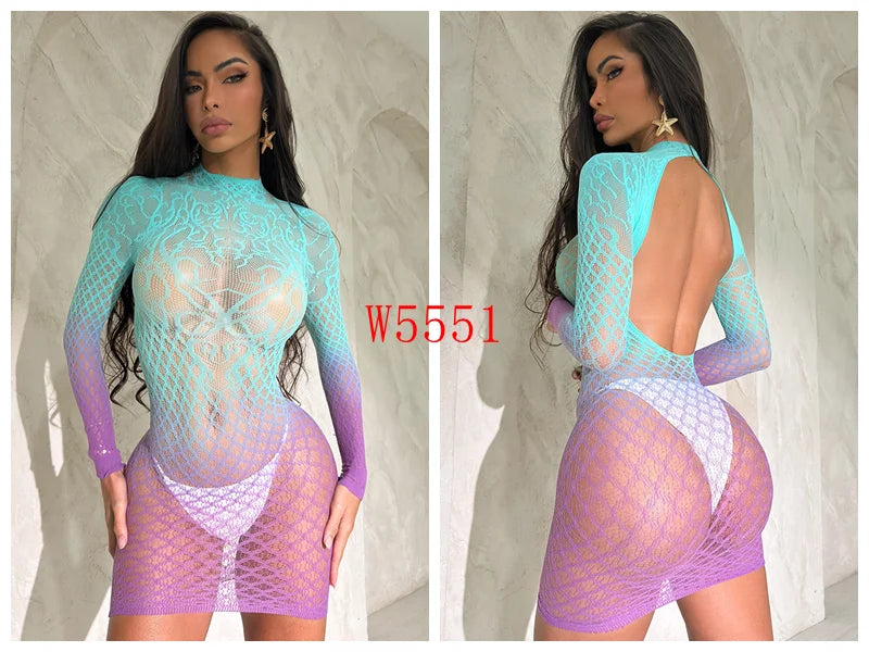 2025 New Colorful Gradient Two-Color Stretchy  Fishnet Body Stocking Plus Size Sexy Lingerie Bodycon Evening Dress
