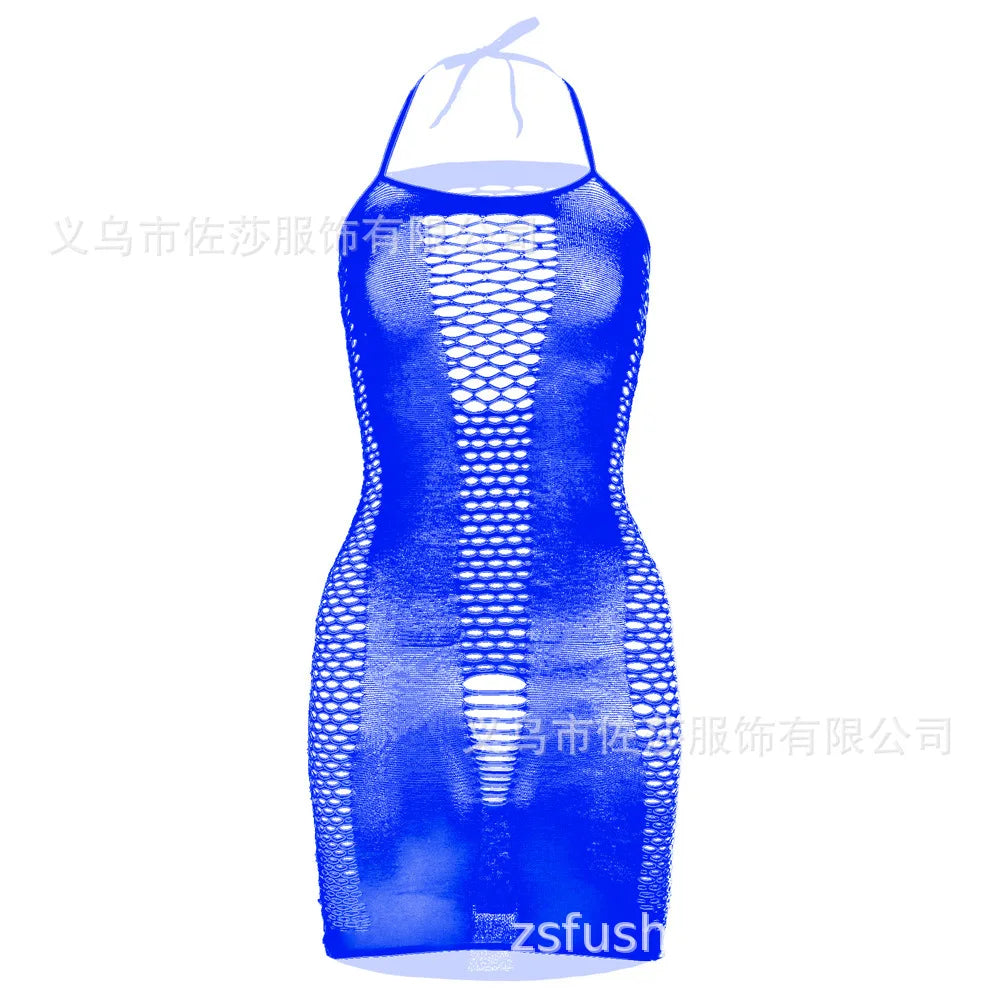 2024 New off Shoulder Red Hollow Out Strap Nylon Women Fishnet Dress Lingerie Bodystocking Plus Size for Women W319