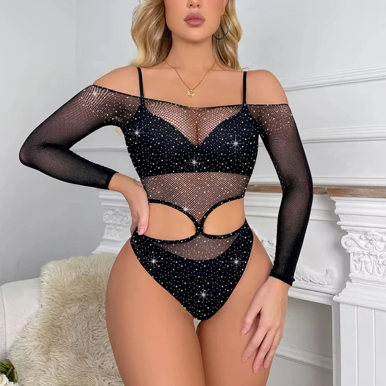 Bling Rhinestone Stocking for Women Sexy Lingerie Sexy Crotchless Bodystocking Girls Erotic Lingerie Fishnets Dress