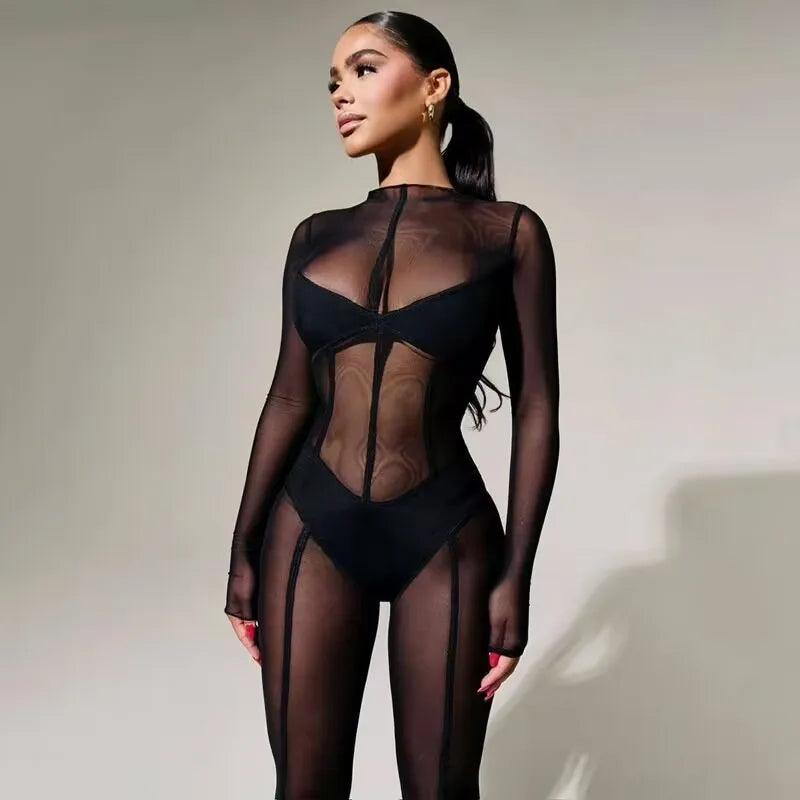 2024 New Trendy Women Bodysuits Stretch Black Mesh One Piece Playsuits Ladies Mesh Fashion Sexy See Through Rompers for Women