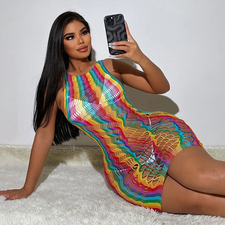 Carnival Rave Rainbow Color Bodydolls Dress Chemise Sexy Glitter Lingerie Stockings Exotic Mesh Sheer Lingerie
