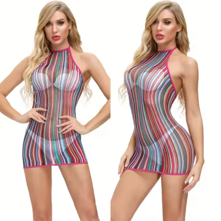 2023 Hot Rainbow Color Bodystocking Women Sexy Lingerie Fishnets Summer Vacation Outfit Hollow Sheer Stockings