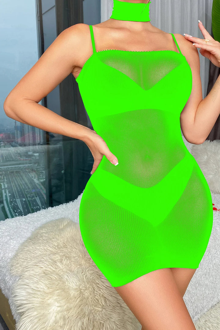 Valentine's Day Sexy Fishnet Lingerie Dress with Neckline Rhinestone Lingerie Femme Sexy Bodystocking Exotic Dancewear