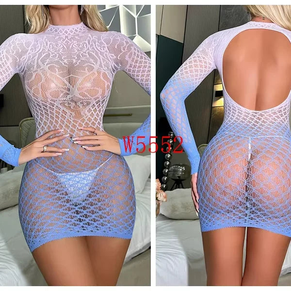 2025 New Colorful Gradient Two-Color Stretchy  Fishnet Body Stocking Plus Size Sexy Lingerie Bodycon Evening Dress