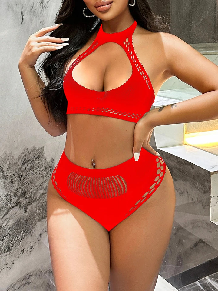 Womens Fishnet Lingerie Sexy Bra and Panty High Waist Sleepwear Two Piece Set Stripper Outfit Pajamas Sleepwear