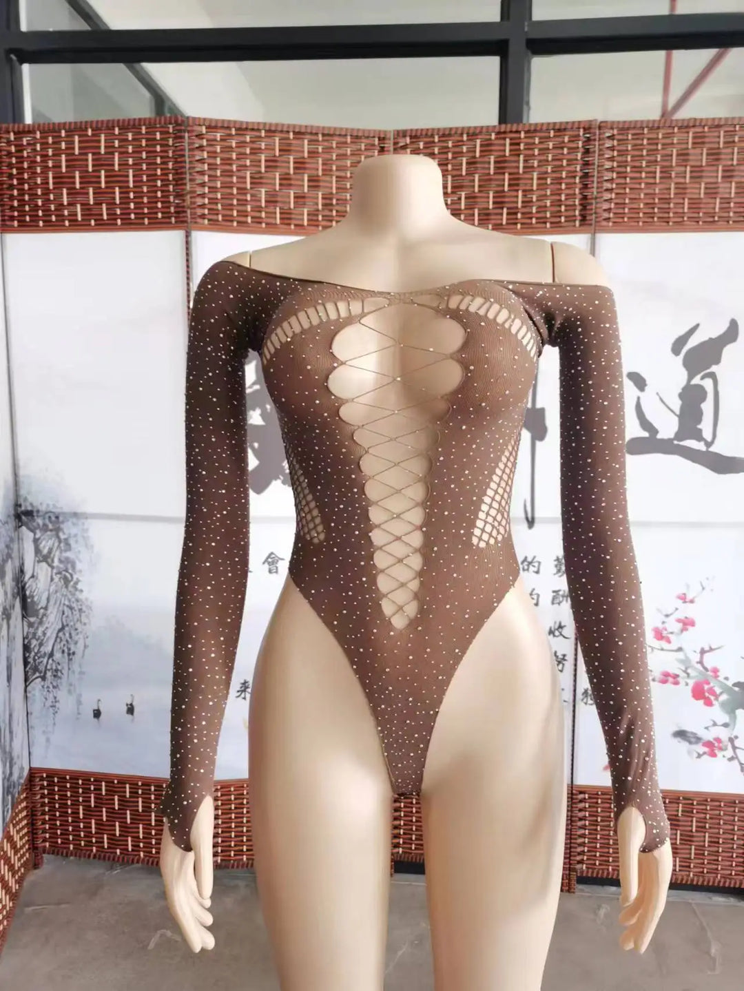 Drilling Shiny Mesh Clothing Erotic Lingerie Cross-Border Fishnet Rhinestones Bodysuit Sparkle Black Mature Bodystocking