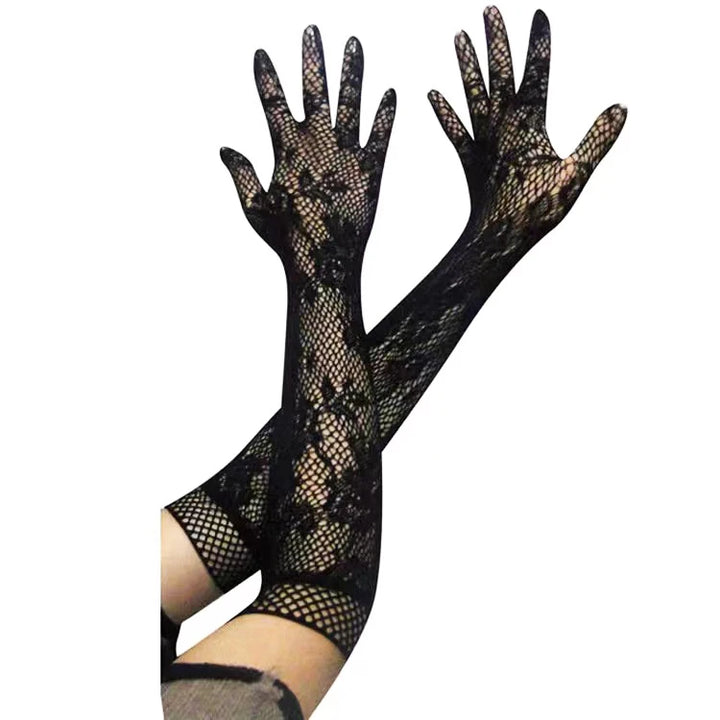 Floral Long Fishnet Mesh Glove Arm Sleeve Theme Party Costume for Women Wedding Bridal Glove Sexy Gantlet Mitten