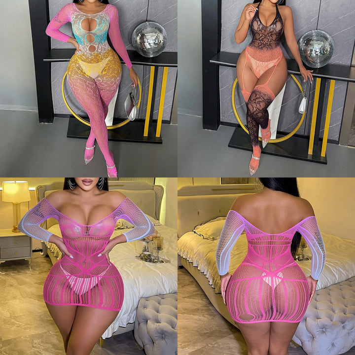 Custom Stocking Woman Lingeries Sexy Gradient Color Bodysuit Tie-dye Fishnet Dress Garters Belt Stockings Full Body