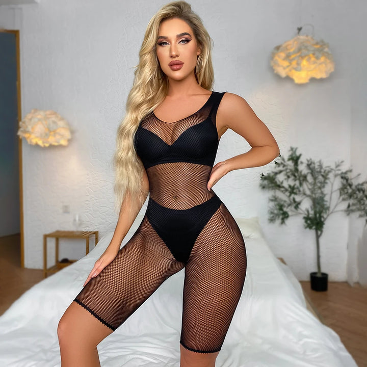 2024 Femme Lingerie Sexy Solid Mesh Bodysuit Women's Sexy Erotic Lingerie Stockings Fishnet Crotchless Bodystocking