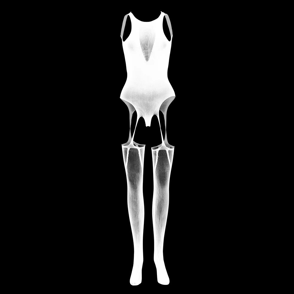 Lady's Fishnet Bodystocking Carter Belt Attached  Pantyhose Beachwear Crotch Open Sexy Erotic Lingerie Women