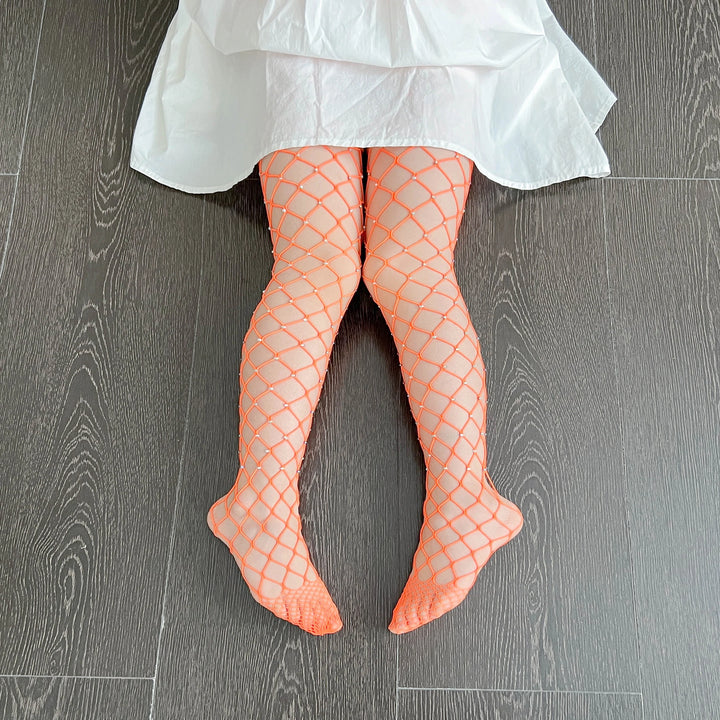 Large Mesh Hollow Out Baby Rhinestone Fishnet Stockings Candy Color Mesh Sheer Party Shiny White Gem Pantyhose Tights