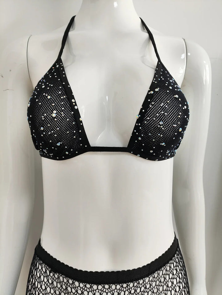 Gem Rhinestone Stockings Full Body Women Sexy Nylon Fishnets Bra Black Lace  Bodysuits Pantyhose Stockings Lingerie