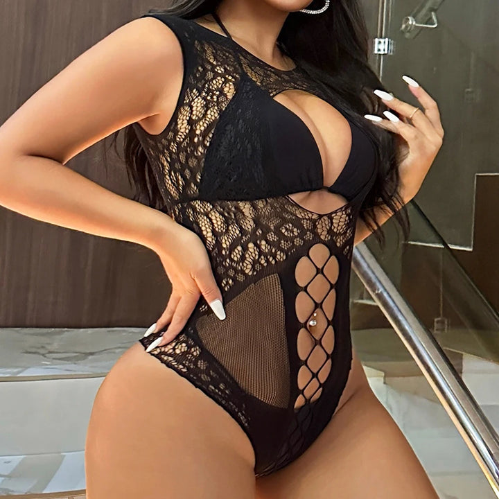 Women's Fishnet BodyStocking Sexy Sleeveless Lace Bodysuits Backless Design Lingerie One Piece Jumpsuit Underwear Nightwear