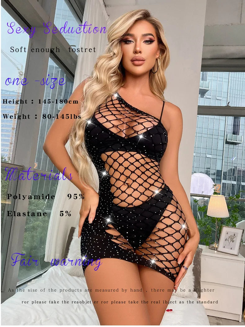 Sexy Rhinestone Bodystocking Dress Bodycon Jumpsuits  for Women See Through Lingerie Erotic Fishnets Bodystocking