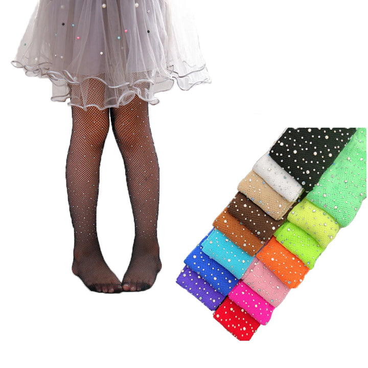 Kids Kawaii Pattern Mesh Shiny Rhinestone Fishnet Tights Girls Fishnet Stockings for Princess Dress High Waist Mesh Tights