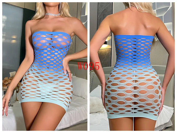 2025 New Colorful Gradient Two-Color Stretchy  Fishnet Body Stocking Plus Size Sexy Lingerie Bodycon Evening Dress