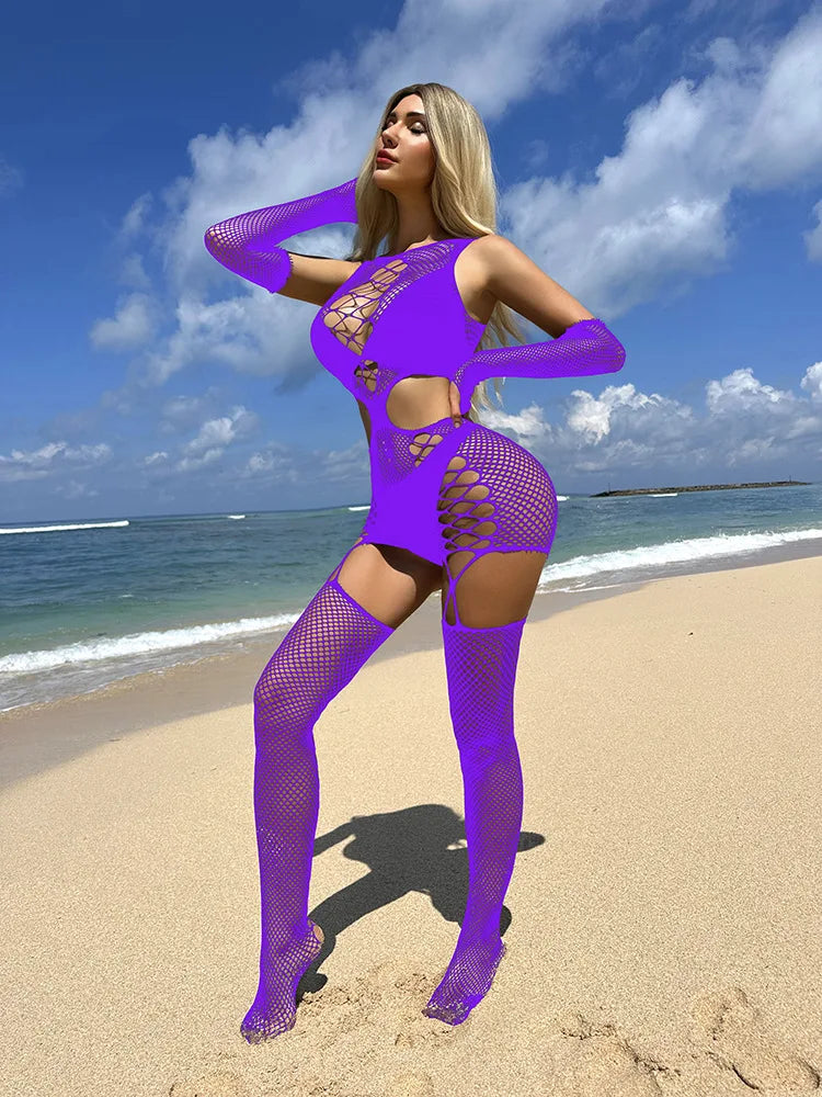 Women Sexy Revealing Lace Fishnet Bodystocking Lingerie Crotchless Fishnets Pantyhose Adult Sexy Underwear with Cuff