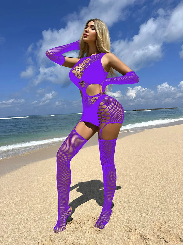 Women Sexy Revealing Lace Fishnet Bodystocking Lingerie Crotchless Fishnets Pantyhose Adult Sexy Underwear with Cuff