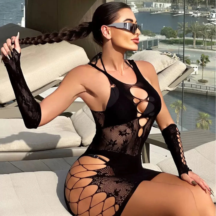 2025 Sexy Lingerie Bodysuits with Sleeves Hollow Out Dancewear Bodystocking Nightclub Dresses Women Sexy Club Skirt Outfit