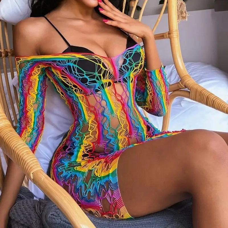 Lingerie Manufacturer  Rainbow Fishnet Women's Underwear Wholesale Bodysuits Exotic Costumes Bodystocking Transparent