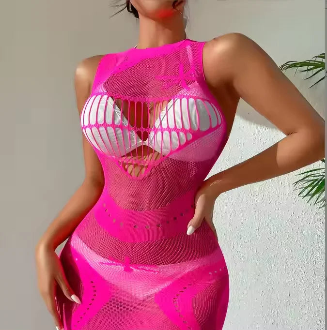 Vintage Stylish Women's Clothing Nylon Hosiery Fishnet Babydoll Teddy Dress Sleeveless Slips Sexy Lenceria Para Mujer