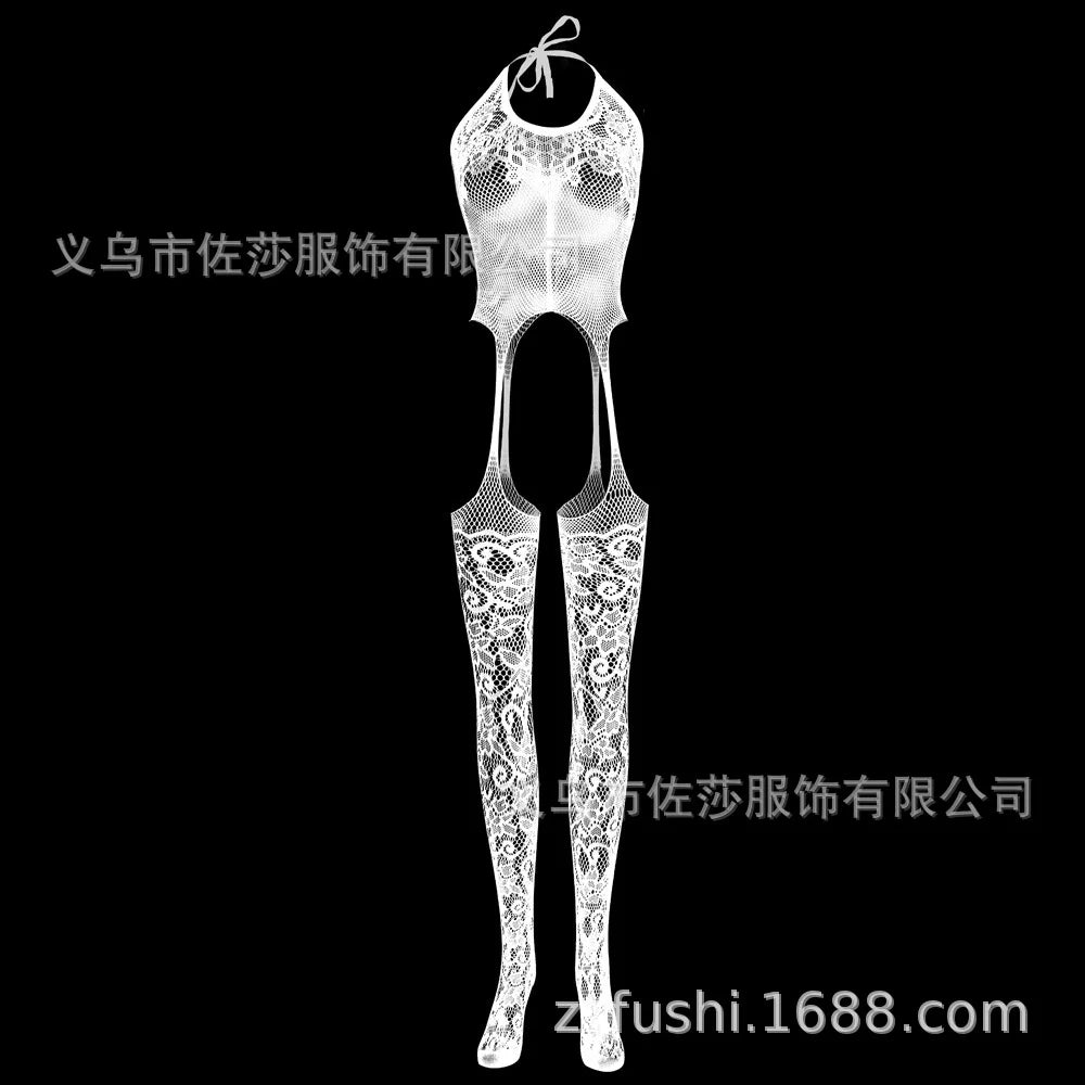 One Size Fits Black Floral Pattern Fishnet Bodystocking Attached Stockings Sexy Lingerie Crotchless Mesh Suspender Tights