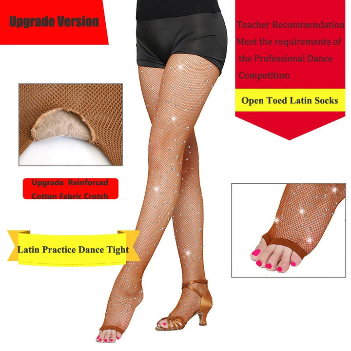 Latin Practice Dance Tight Seamless Small Hole Fishnet Stockings With Cotton Crotch Sparkle Glitter Diamond Tights