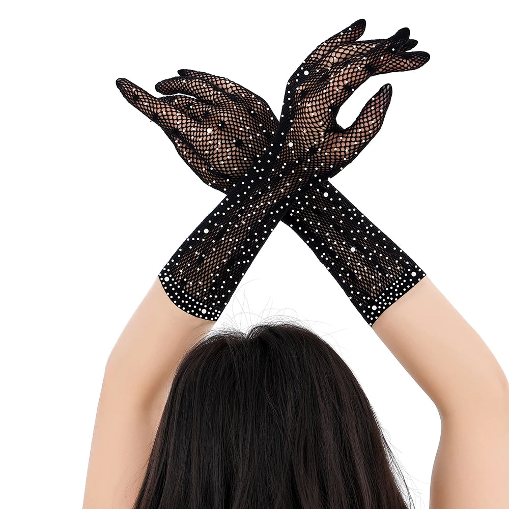 2025 Wholesales Sexy Black Fishnet Gloves with Rhinestones Great Elastic Gothic Mesh Thin Knitted Weave for Party Tzs216