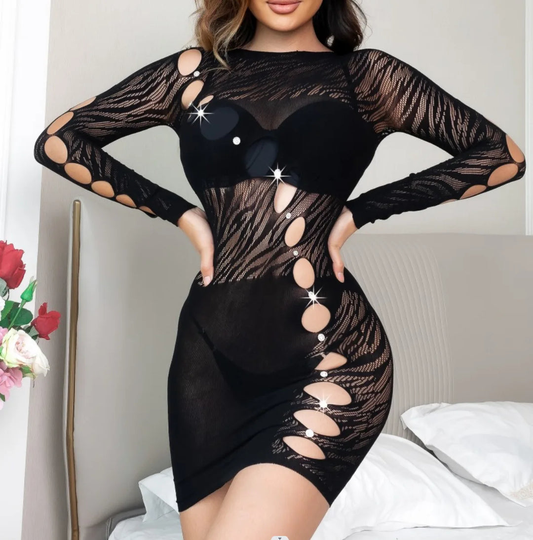 Sexy Mini Dress Sparkle Lingerie Women's Sets Erotic Embroidery Lingerie Rhinestone Studded Fishnet Bodystocking