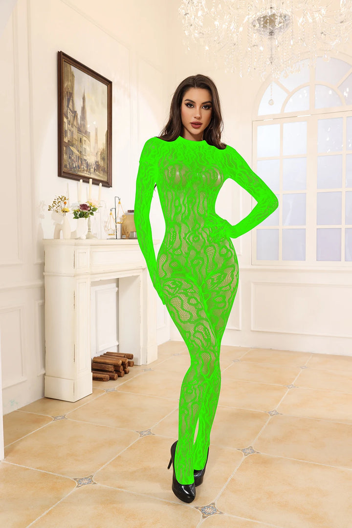 Women's Fishnet Full BodyStocking Sexy Long Sleeve Bodysuits Backless Design Lingerie One Piece Jumpsuit Underwear Nightwear