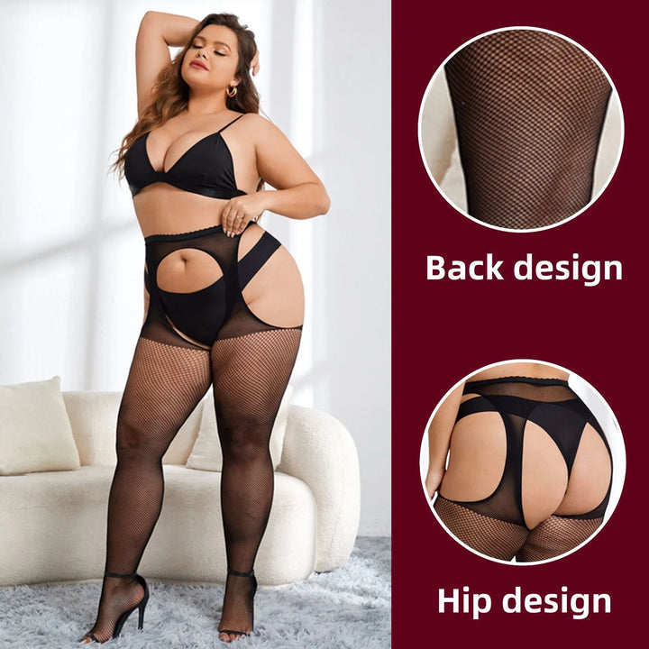 2025 Plus Size XXL High Quality Thigh High Fishnet Stockings Suspender Patterned Tights Women Fish Net Lace Top Pantyhose