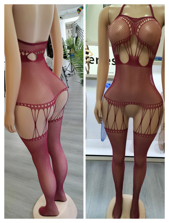 Nuisette Hollow Out Fishnet Body Stocking Plus Size Sexy Garters Belt Stockings Women Sexy Crotchless Exotic Lingerie