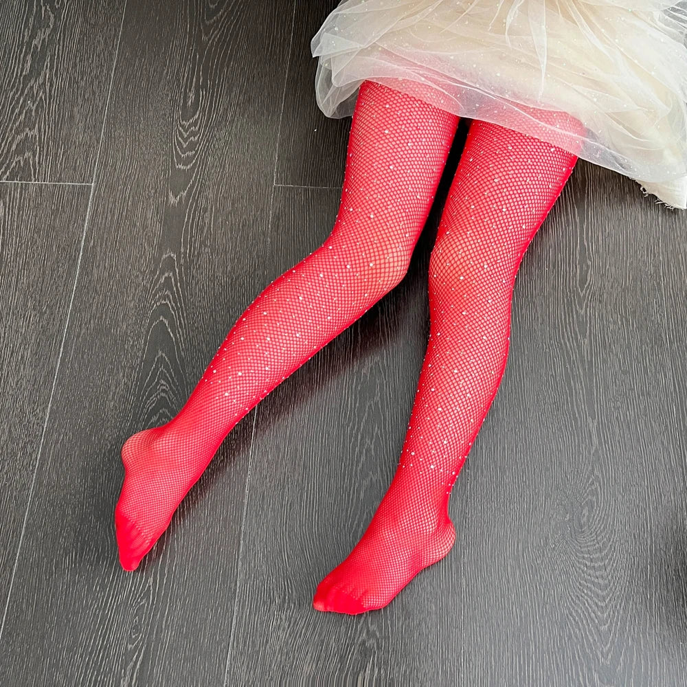 Girls Glitter Fishnet Tights Glitter Baby Leggings Mesh Carnival Stockings Sparkle Rhinestone Hollow Out Pantyhose