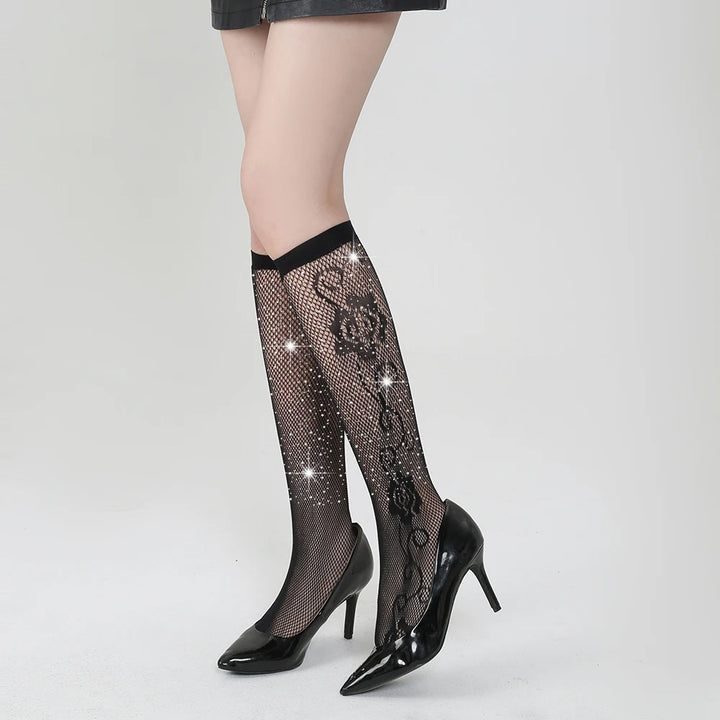 Sexy Rhinestone Nylon Fishnet Long Socks Fashion Decor for Women's Clothing Nylon Hosiery Stockings Lingerie Femme