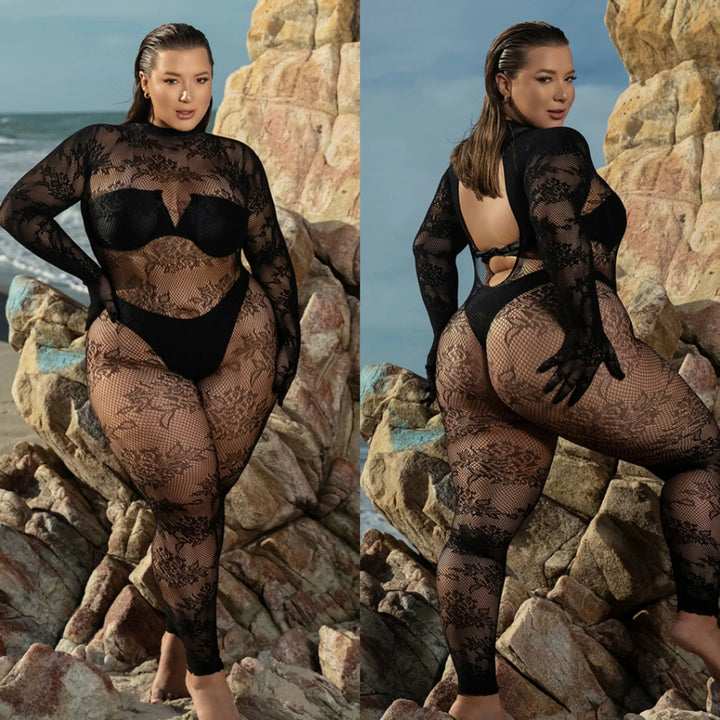 NEW Sexy Jacquard Retro Fishnets Stocking Full Body 2024 Valentine's Day Plus Size Lingerie Women Mesh Bodysuits