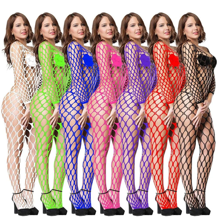 Popular Women's Sexy Long Sleeve Mesh Sheer Bodysuit Fishnets Nylon Stockings Full Body Women's Erotic Black Bodysuit