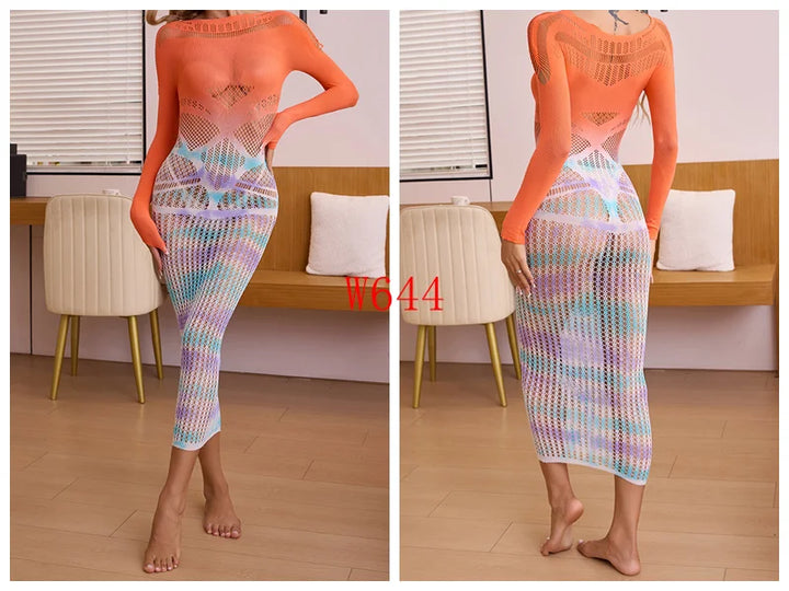 2025 New Colorful Gradient Two-Color Stretchy  Fishnet Body Stocking Plus Size Sexy Lingerie Bodycon Evening Dress