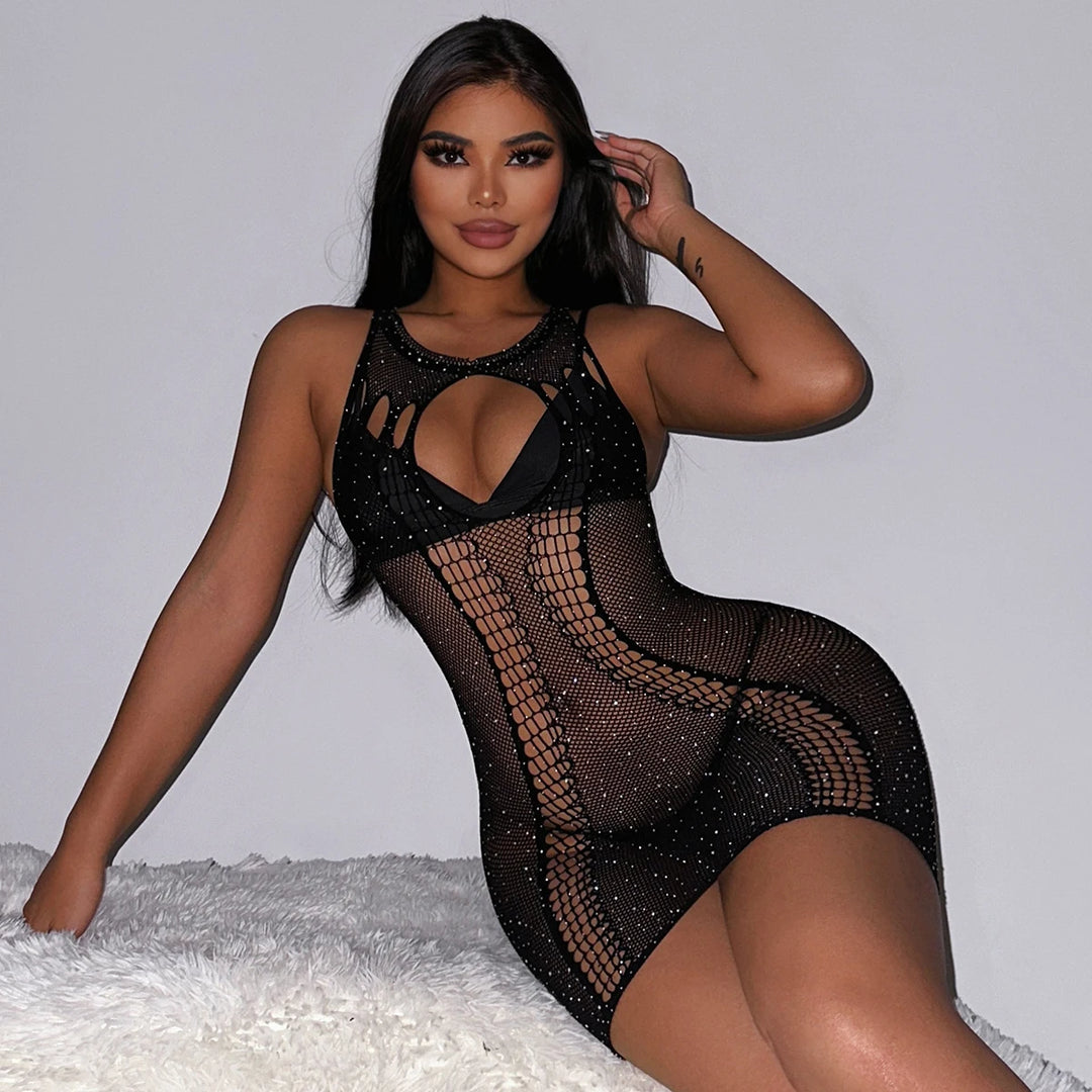 Popular Rhinestone Babydoll Lingerie Femme Sexy Body Stocking Lingerie Dress Party Club Exotic Performance Dancewear