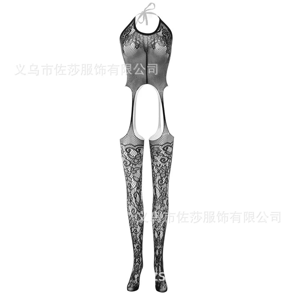 One Size Fits Black Floral Pattern Fishnet Bodystocking Attached Stockings Sexy Lingerie Crotchless Mesh Suspender Tights